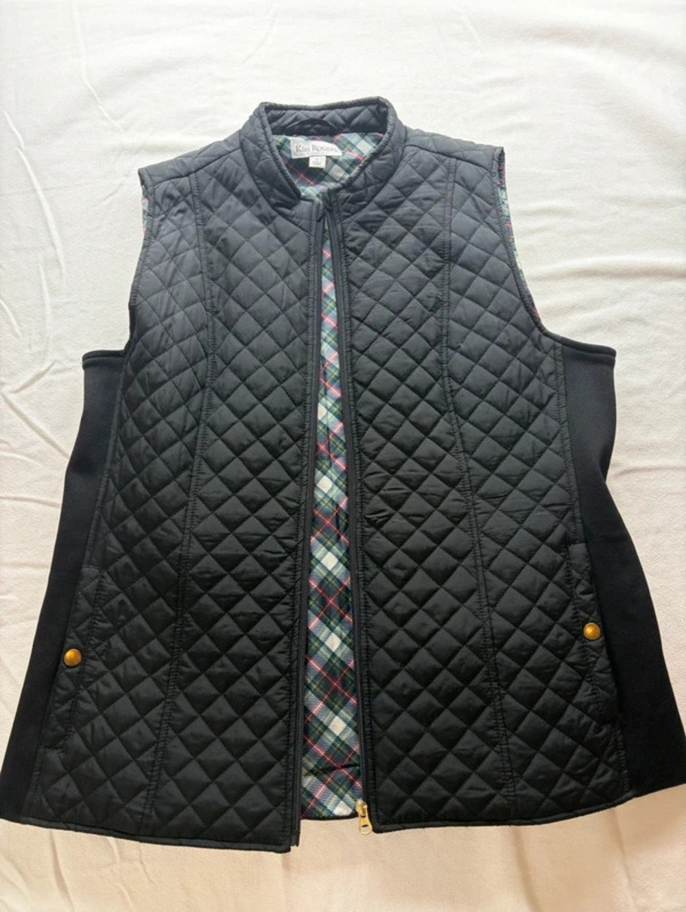 Kirkland Signature Black Quilted Vest with Plaid Trim